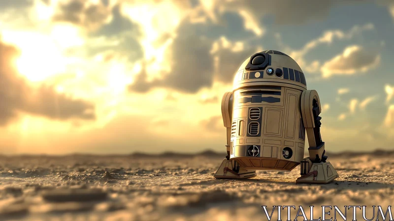 Little desert droid wandering under a soft golden sunset.