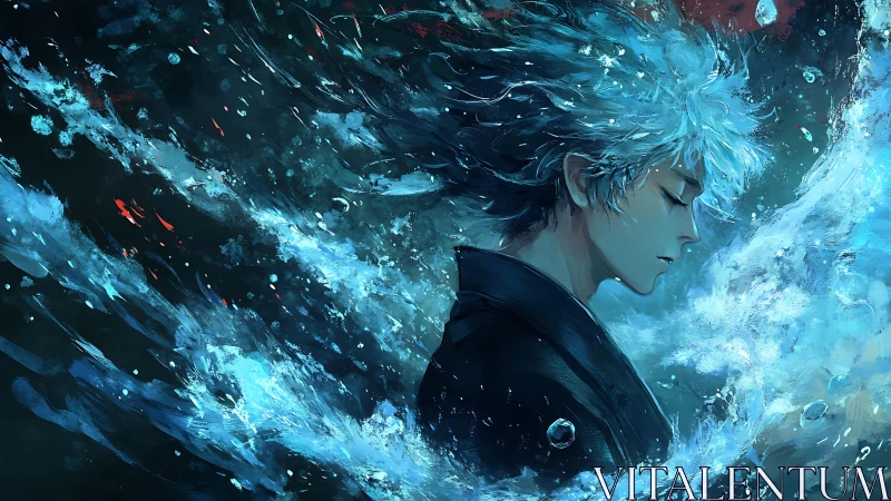 Blue haired anime figure immersed in swirling water.