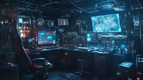 Cybernetic command bunker with holographic data arrays.