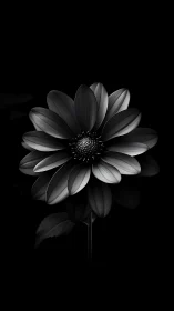 Monochromatic daisy specimen photographed against dark background.