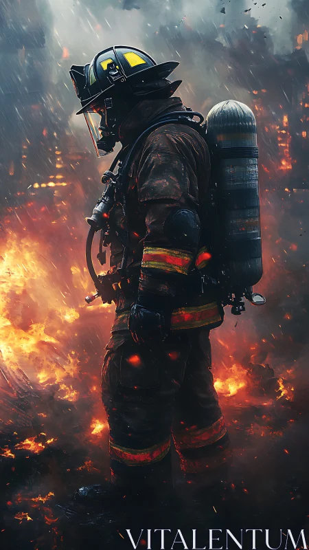 Firefighter in Inferno: Digital Portraiture Against Dramatic Flames.