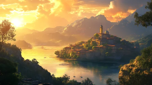 Alpine Valley Settlement at Golden Hour with Mountains and Reflective Water