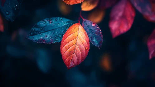 Raindrops on red and blue leaves against dark background.