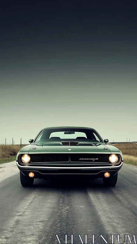 Classic green muscle car waiting on an open country road.