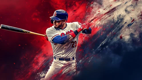 Baseball batter holds swing pose against red and blue backdrop