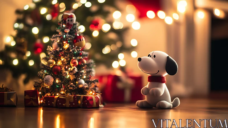 Festive toy dog gazes at glowing Christmas tree lights.