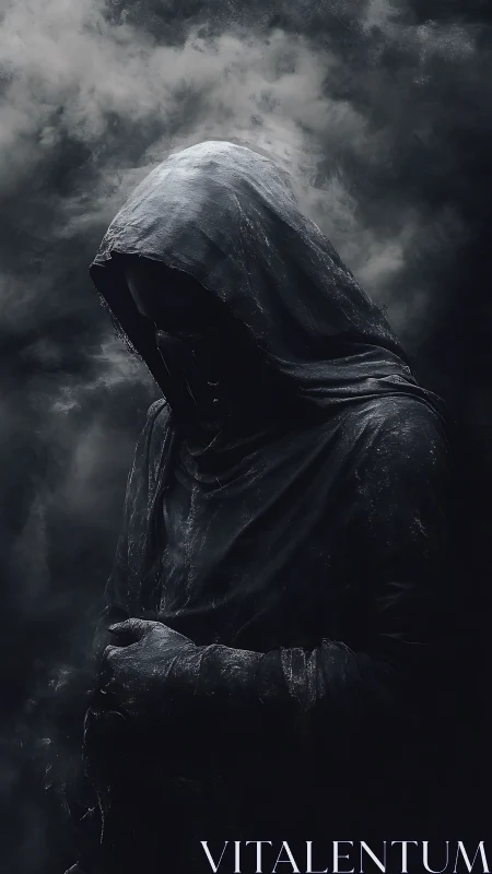 Hooded figure in dark cloak stands in dense swirling fog