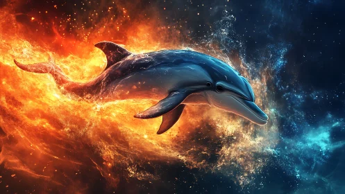 Dolphin swimming through fiery water against dark sea.