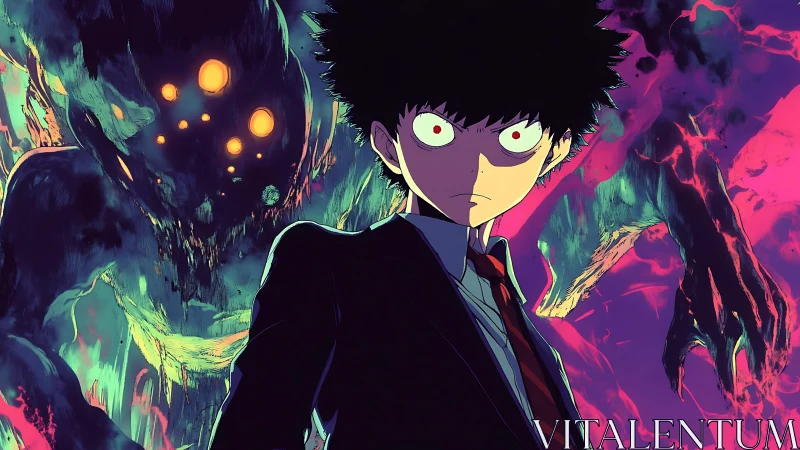 Cel shaded psychic boy confronts luminous spectral monster entity