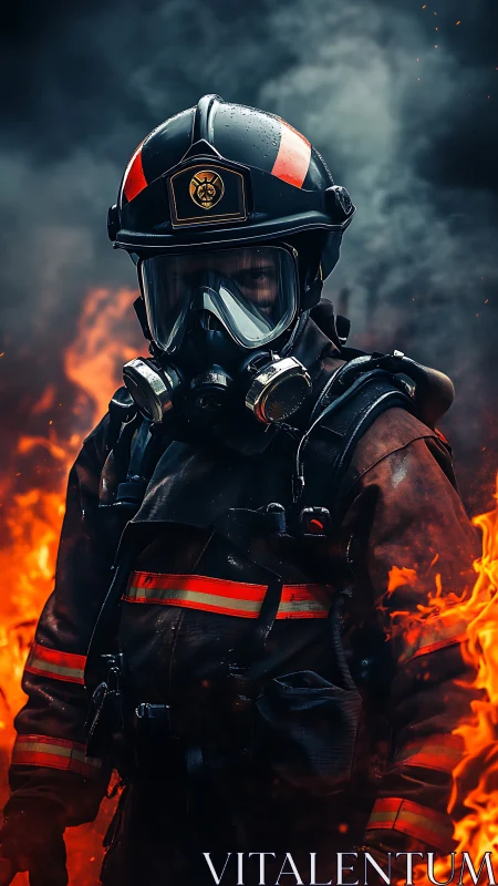 Firefighter in Full Protective Gear Against Raging Inferno.