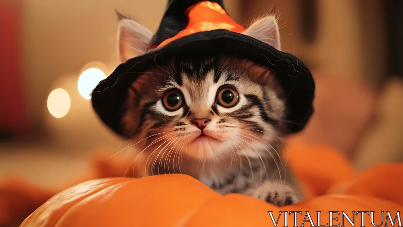 Kitten in Witch Hat Amid Autumn Pumpkins and Bokeh Lights.