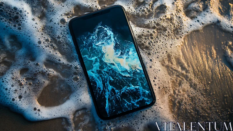 Smartphone in surf foam with dynamic ocean screen aesthetic.
