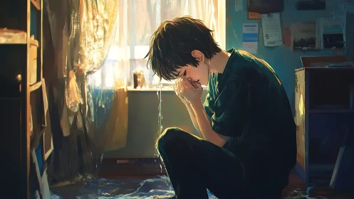 Backlit adolescent kneels in flooded room under cascading water