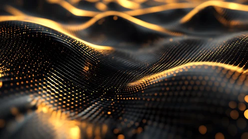Parametric wave mesh renders luminous orange data particles in motion