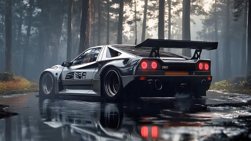Track-prepped widebody supercar idling on wet forest roadway