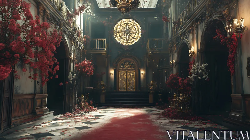 Romantic grand hall wrapped in flowers and golden light.