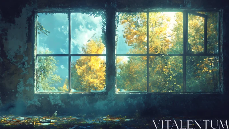 Sunlit autumn forest framed through ruined window.