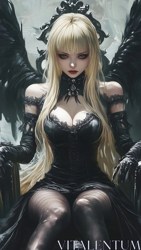 Dark winged blonde woman seated in ornate black chair.