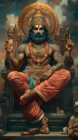 Divine warrior king seated on ornate golden throne.