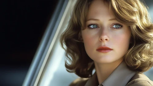 Cinematic close-up portrait of pensive woman by car window
