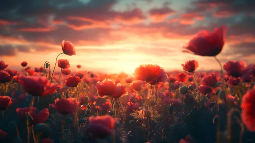 Radiant Poppy Field at Golden Hour Sunset