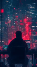 Midnight coder gazes over neon city lights in quiet focus