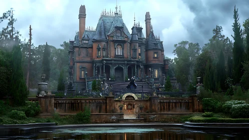 Gothic mansion with misty garden and reflective pond.