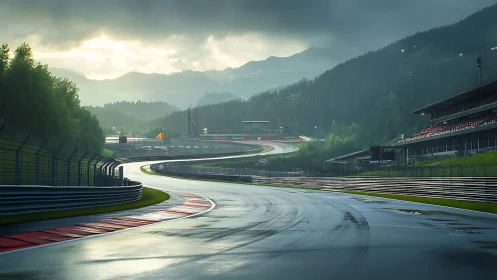 Rain-soaked alpine racetrack under brooding evening sky.