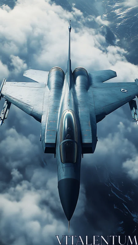 Stealth fighter jet cuts through dense storm clouds at altitude