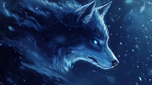 Luminous ice wolf profile in swirling blue stormscape.