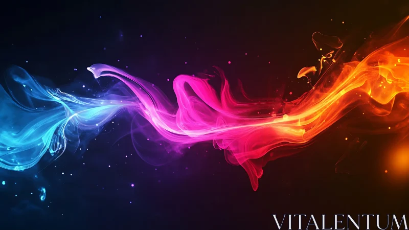 Vibrant neon color streams collide in a cosmic dark void