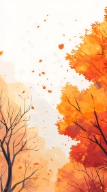 Digital autumn forest with orange foliage and falling leaves.