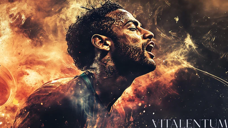 Male footballer profile is rendered within dynamic light field