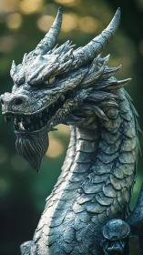 Metallic dragon bust sculpture in outdoor natural light.
