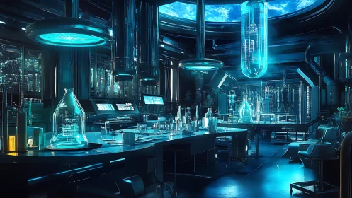 Futuristic biolab interior glowing with cyan volumetric light.