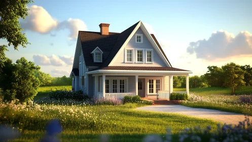 Cozy farmhouse stands in sunlit meadow with soft evening glow