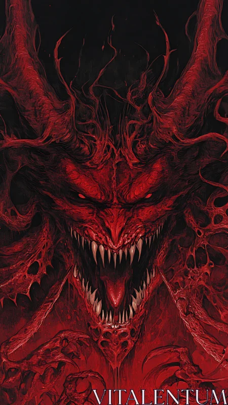 Infernal biomechanoid demon portrait with fanged cranial architecture.