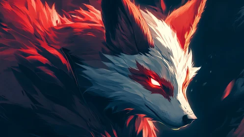 Fiery digital fox spirit with glowing red eyes poised.