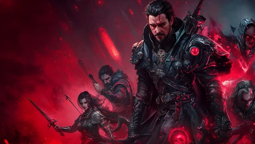 Crimson-illuminated necromancer squad in armored battle stance.