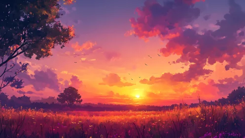 Spectral-gradient sunset over meadow with volumetric clouds.