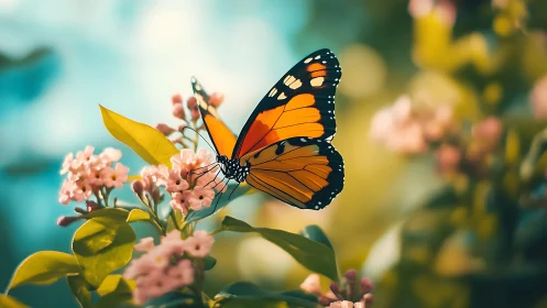 Orange butterfly on pink flowers in soft garden light.