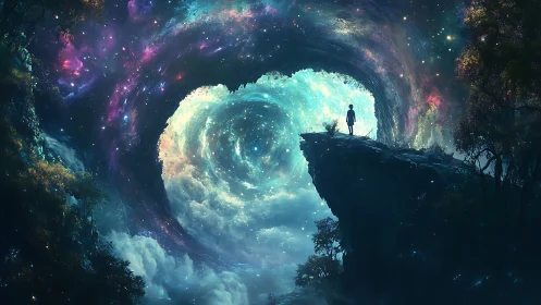 Stargazer child greeting a swirling cosmic heart gateway.
