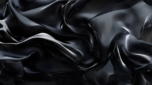 Abstract glossy black silk folds with metallic sheen, modern art.