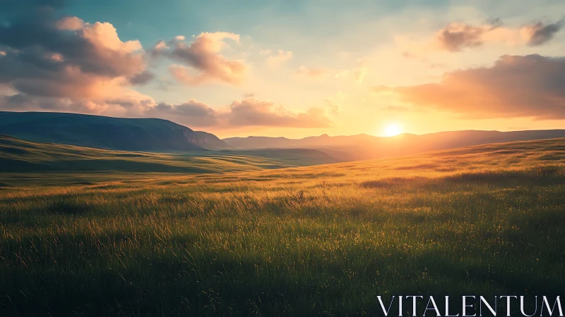 Sunlit grassy plain with distant hills under cloudy sky.