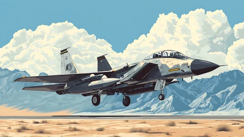 Twin-seat fighter jet descends over arid mountain runway.