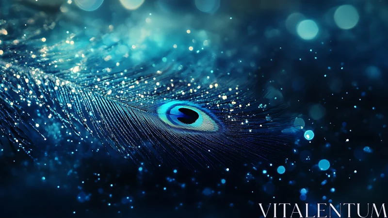 Luminous peacock feather rests in a dreamy blue bokeh haze