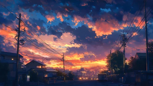 Suburban street with utility poles under dense sunset sky.