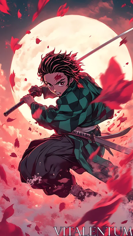 Anime swordsman leaps in front of full moon in battle stance.