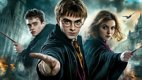 Storm-lit teen wizards hurl spells before burning castle.