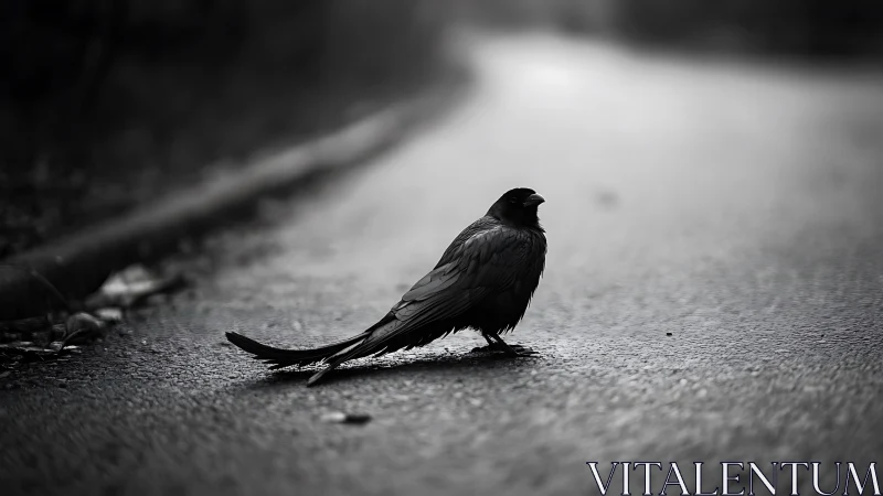 Solitary Black Bird on Empty Road in Moody Black and White Style.